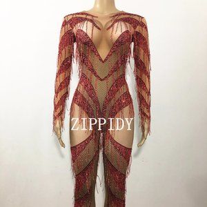Red fringe showgirl jumpsuit / catsuit